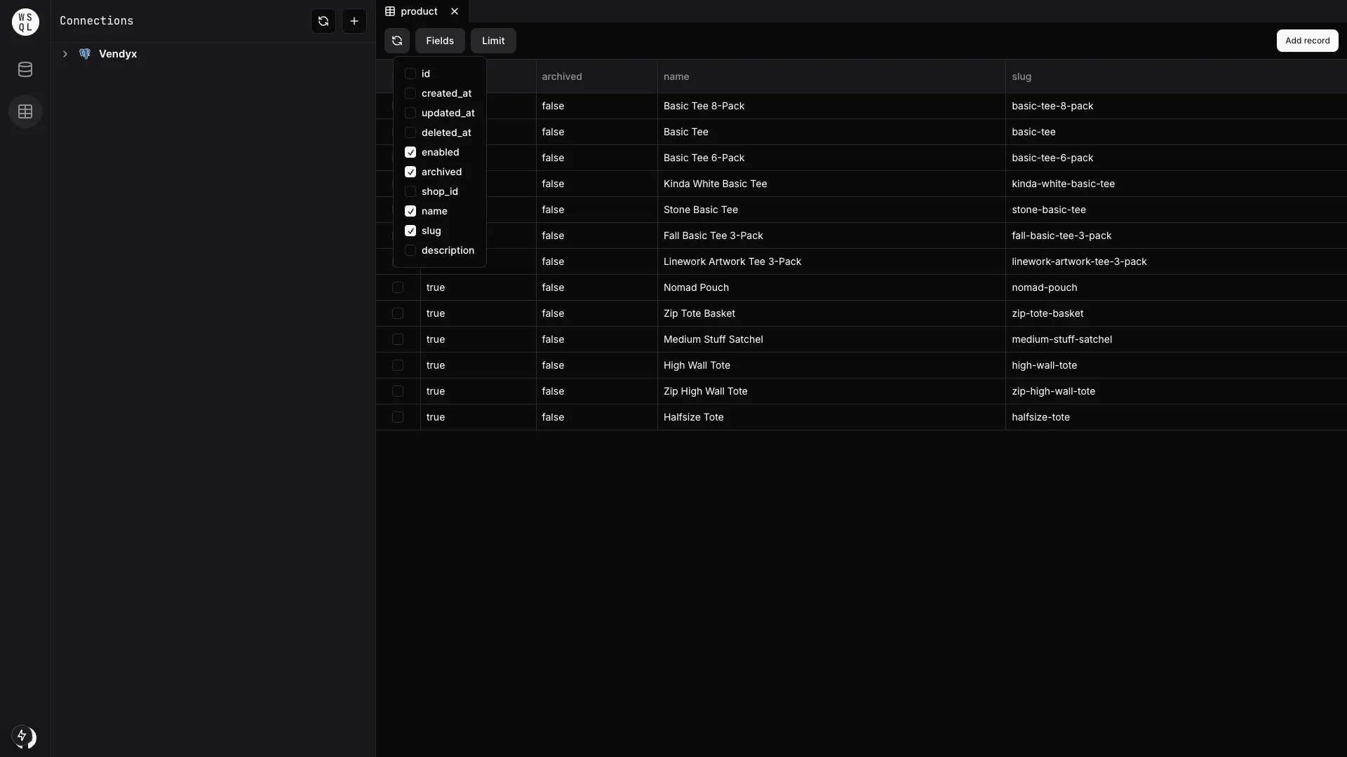 Web SQL table viewer